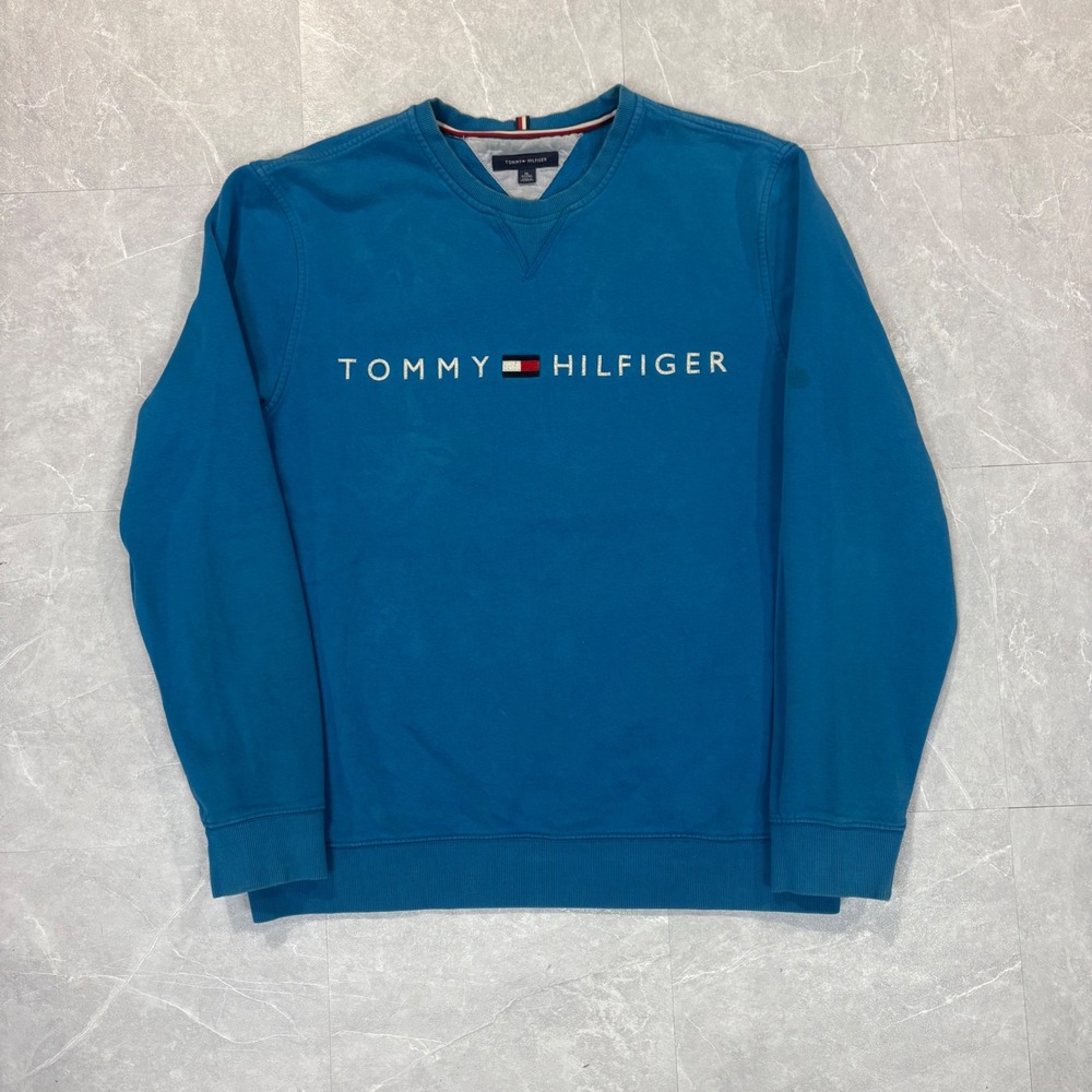 Tommy Hilfiger Mens XL Teal Blue Logo Fleece Crew Neck Sweatshirt 4312
